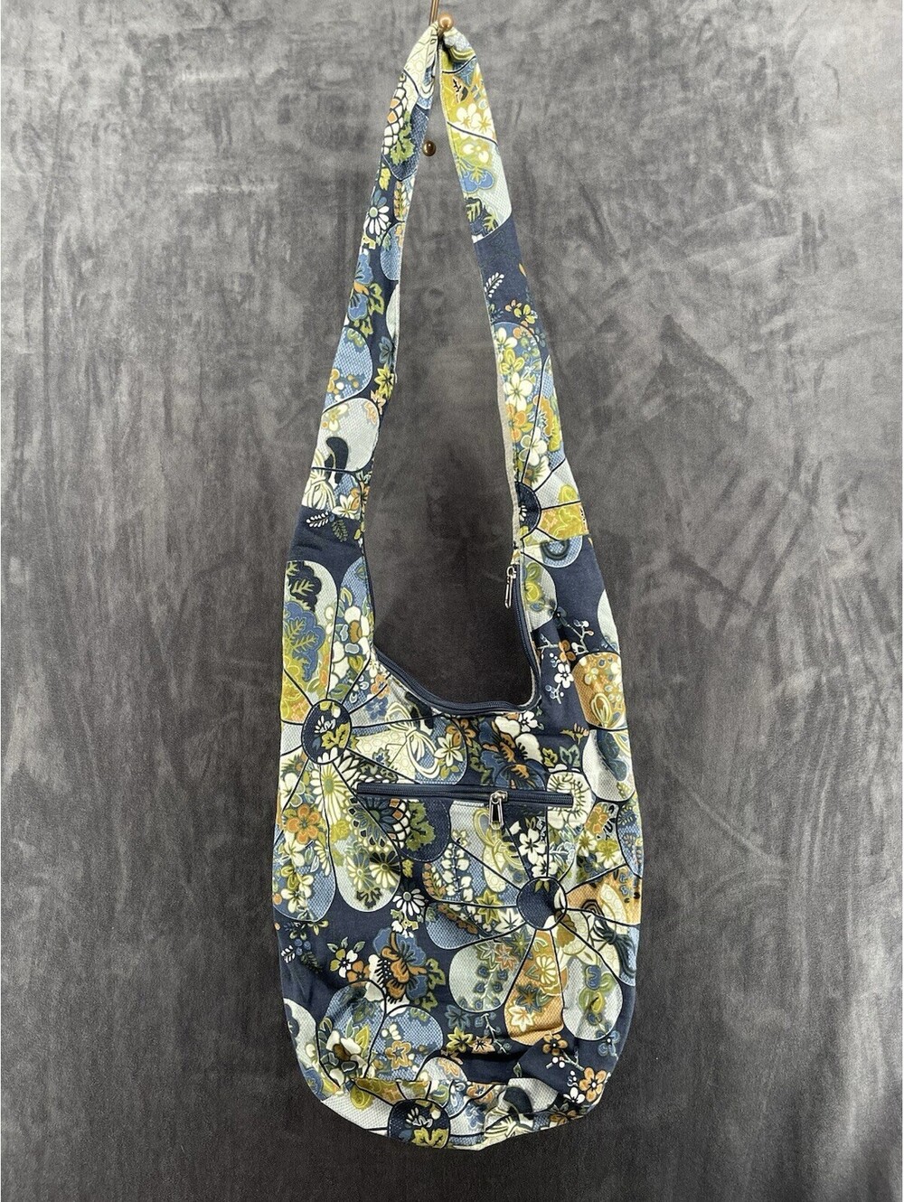 Boho Floral Cotton Sling Crossbody Hobo Bag Blue Hippie Festival Zip Purse